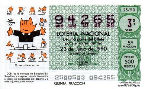Décimo de Lotería Nacional de 1990 Sorteo 25 - COBI (MASCOTA DE BARCELONA '92)