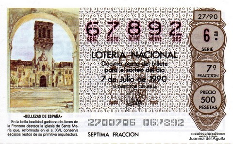 Décimo de Lotería Nacional de 1990 Sorteo 27 - «BELLEZAS DE ESPAÑA» - IGLESIA DE SANTA MARIA (ARCOS DE LA FRONTERA)