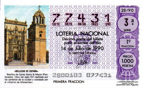 Décimo de Lotería Nacional de 1990 Sorteo 28 - «BELLEZAS DE ESPAÑA» - BASILICA DE SANTA MARIA LA MAYOR (PONTEVEDRA)