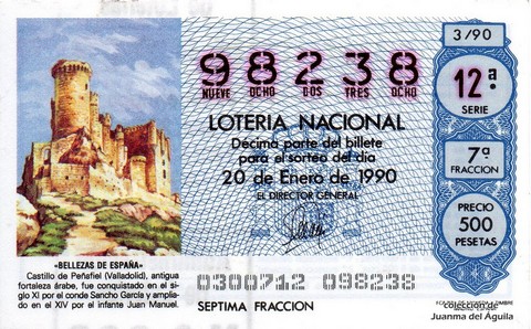 Décimo de Lotería Nacional de 1990 Sorteo 3 - «BELLEZAS DE ESPAÑA» - CASTILLO DE PEÑAFIEL (VALLADOLID)