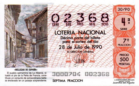 Décimo de Lotería Nacional de 1990 Sorteo 30 - «BELLEZAS DE ESPAÑA» - PUEBLO SALMANTINO DE LA ALBERCA