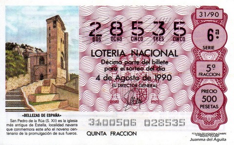 Décimo de Lotería Nacional de 1990 Sorteo 31 - «BELLEZAS DE ESPAÑA» - SAN PEDRO DE LA RUA (ESTELLA)