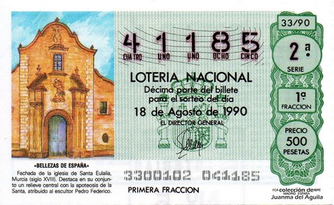 Décimo de Lotería Nacional de 1990 Sorteo 33 - «BELLEZAS DE ESPAÑA» - FACHADA IGLESIA DE SANTA EULALIA (MURCIA)