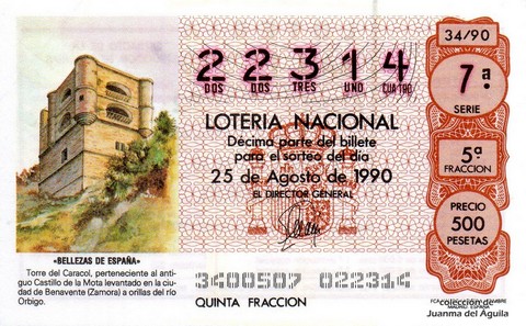 Décimo de Lotería Nacional de 1990 Sorteo 34 - «BELLEZAS DE ESPAÑA» - TORRE DEL CARACOL (ZAMORA)
