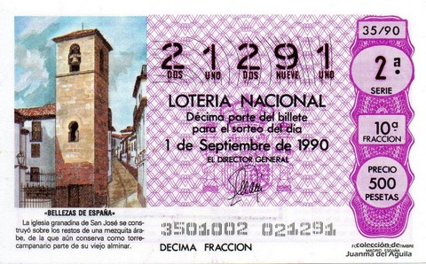 Décimo de Lotería Nacional de 1990 Sorteo 35 - «BELLEZAS DE ESPAÑA» - IGLESIA DE SAN JOSE
