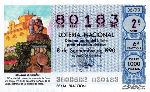 Décimo de Lotería Nacional de 1990 Sorteo 36 - «BELLEZAS DE ESPAÑA» - OFRENDA DEL PRIMER MOSTO ANTE LA BASILICA DE NTRA. SRA. DE LA VEGA