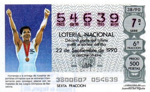 Décimo de Lotería Nacional de 1990 Sorteo 38 - HOMENAJE A LA ENTREGA DE NUESTROS DEPORTISTAS OLIMPICOS