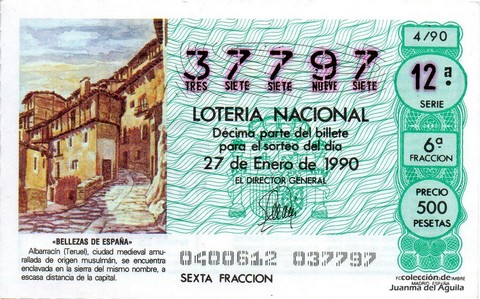 Décimo de Lotería Nacional de 1990 Sorteo 4 - «BELLEZAS DE ESPAÑA» - ALBARRACIN (TERUEL)