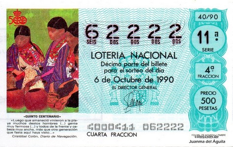 Décimo de Lotería Nacional de 1990 Sorteo 40 - «QUINTO CENTENARIO»