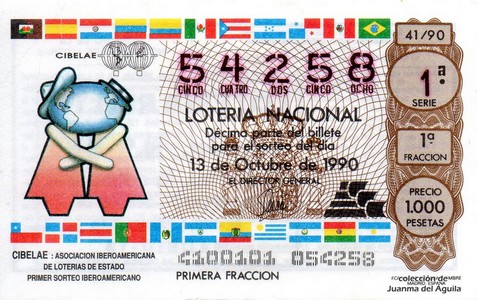 Décimo de Lotería Nacional de 1990 Sorteo 41 - CIBELAE (PRIMER SORTEO IBEROAMERICANO)