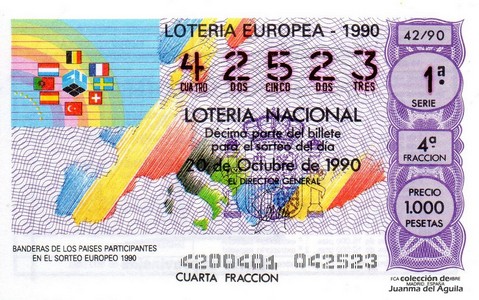 Décimo de Lotería Nacional de 1990 Sorteo 42 - BANDERAS DE LOS PAISES PARTICIPANTES EN EL SORTEO EUROPEO 1990