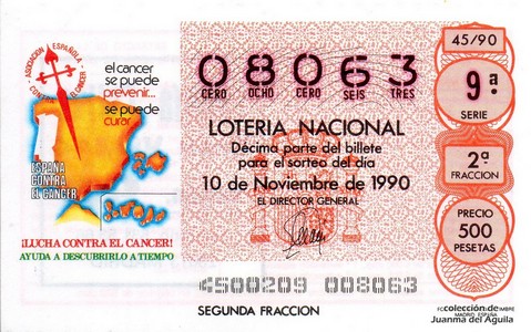 Décimo de Lotería Nacional de 1990 Sorteo 45 - ¡LUCHA CONTRA EL CANCER!