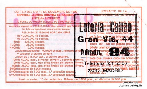 Reverso décimo de Lotería 1990 / 45