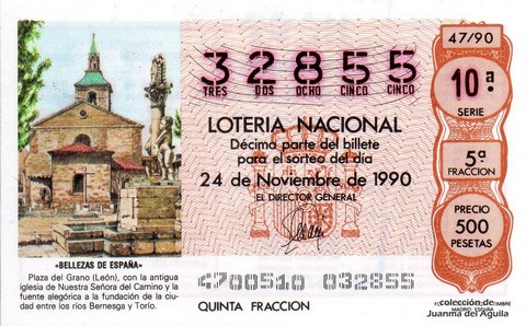 Décimo de Lotería Nacional de 1990 Sorteo 47 - «BELLEZAS DE ESPAÑA» - PLAZA DEL GRANO (LEON)