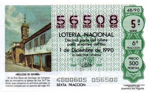 Décimo de Lotería Nacional de 1990 Sorteo 48 - «BELLEZAS DE ESPAÑA» - IGLESIA DE SANTA MARIA SALOME
