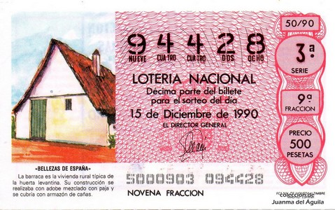 Décimo de Lotería Nacional de 1990 Sorteo 50 - «BELLEZAS DE ESPAÑA» - BARRACA VALENCIANA
