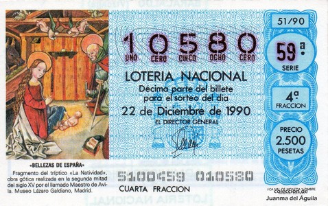 Décimo de Lotería Nacional de 1990 Sorteo 51 - «BELLEZAS DE ESPAÑA» - FRAGMENTO DEL TRIPTICO «LA NATIVIDAD», MUSEO LAZARO GALDIANO (MADRID)