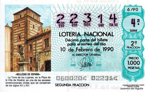 Décimo de Lotería Nacional de 1990 Sorteo 6 - «BELLEZAS DE ESPAÑA» - LA TORRE DE LOS LUJANES (MADRID)