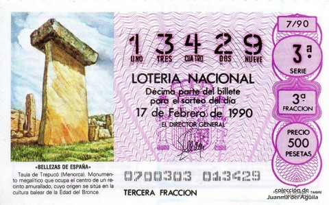 Décimo de Lotería Nacional de 1990 Sorteo 7 - «BELLEZAS DE ESPAÑA» - TAULA DE TREPUCO (MENORCA)