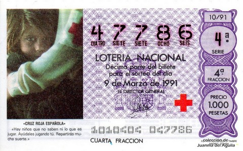 Décimo de Lotería Nacional de 1991 Sorteo 10 - «CRUZ ROJA ESPAÑOLA»
