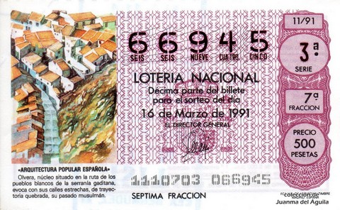 Décimo de Lotería Nacional de 1991 Sorteo 11 - «ARQUITECTURA POPULAR ESPAÑOLA» - OLVERA, NUCLEO DE PASADO MUSULMAN