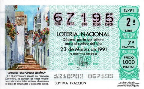 Décimo de Lotería Nacional de 1991 Sorteo 12 - «ARQUITECTURA POPULAR ESPAÑOLA» - CASAS ENCALADAS DE PEÑISCOLA (CASTELLON)