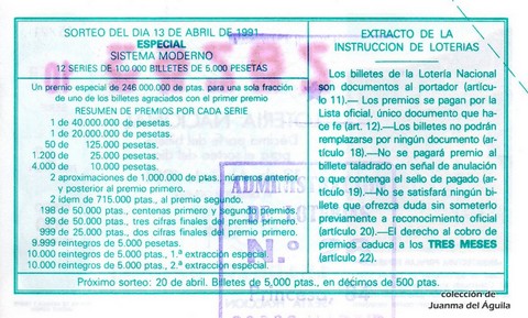Reverso décimo de Lotería 1991 / 15