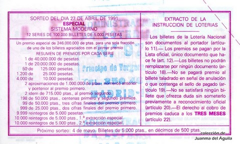 Reverso décimo de Lotería 1991 / 17