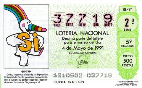 Décimo de Lotería Nacional de 1991 Sorteo 18 - «EXPO '92»