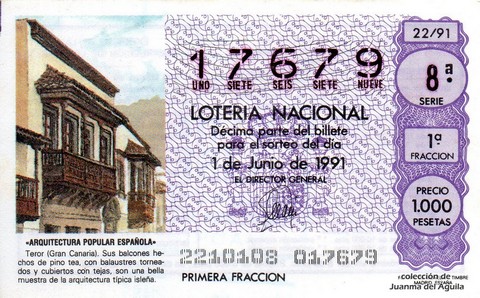 Décimo de Lotería Nacional de 1991 Sorteo 22 - «ARQUITECTURA POPULAR ESPAÑOLA» - TEROR (GRAN CANARIA)