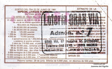 Reverso décimo de Lotería 1991 / 26