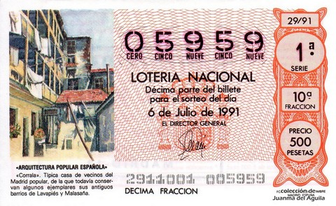 Décimo de Lotería Nacional de 1991 Sorteo 29 - «ARQUITECTURA POPULAR ESPAÑOLA» - «CORRALA»
