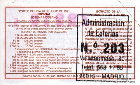 Reverso décimo de Lotería 1991 / 32