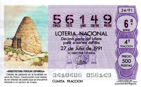 Décimo de Lotería Nacional de 1991 Sorteo 34 - «ARQUITECTURA POPULAR ESPAÑOLA» - CABAÑA DE PASTORES EN LA LOCALIDAD NAVARRA DE OTEIZA