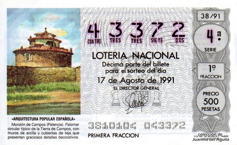 Décimo de Lotería Nacional de 1991 Sorteo 38 - «ARQUITECTURA POPULAR ESPAÑOLA» - PALOMAR EN MONZON DE CAMPOS (PALENCIA)