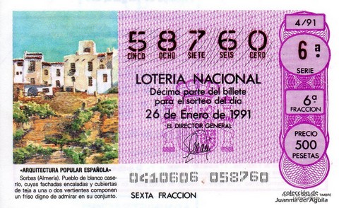 Décimo de Lotería Nacional de 1991 Sorteo 4 - «ARQUITECTURA POPULAR ESPAÑOLA» - SORBAS (ALMERIA)