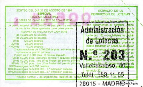 Reverso décimo de Lotería 1991 / 41