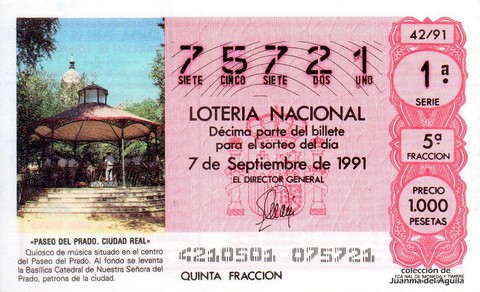 Décimo de Lotería Nacional de 1991 Sorteo 42 - «PASEO DEL PRADO. CIUDAD REAL»