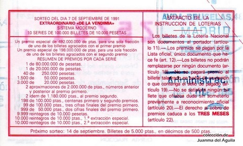 Reverso décimo de Lotería 1991 / 42