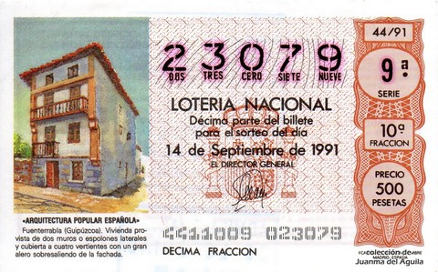 Décimo de Lotería Nacional de 1991 Sorteo 44 - «ARQUITECTURA POPULAR ESPAÑOLA» - FUENTERRABIA (GUIPUZCOA)