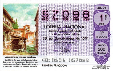 Décimo de Lotería Nacional de 1991 Sorteo 48 - «ARQUITECTURA POPULAR ESPAÑOLA» - SANTILLANA DEL MAR
