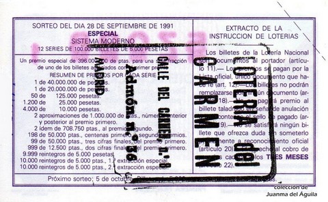 Reverso décimo de Lotería 1991 / 48