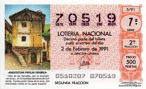 Décimo de Lotería Nacional de 1991 Sorteo 5 - «ARQUITECTURA POPULAR ESPAÑOLA» - CASA DE LA LOCALIDAD ABULENSE DE GUISANDO