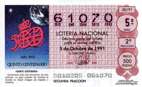 Décimo de Lotería Nacional de 1991 Sorteo 50 - «QUINTO CENTENARIO»
