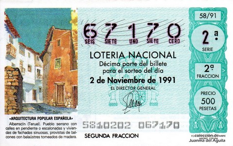 Décimo de Lotería Nacional de 1991 Sorteo 58 - «ARQUITECTURA POPULAR ESPAÑOLA» - ALBARRACIN (TERUEL)