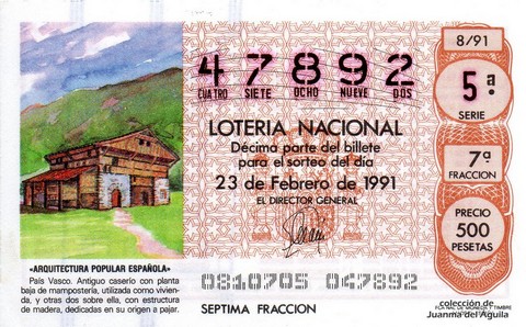 Décimo de Lotería Nacional de 1991 Sorteo 8 - «ARQUITECTURA POPULAR ESPAÑOLA» - PAIS VASCO. ANTIGUO CASERIO