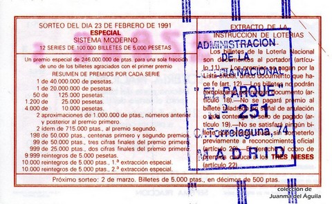 Reverso décimo de Lotería 1991 / 8