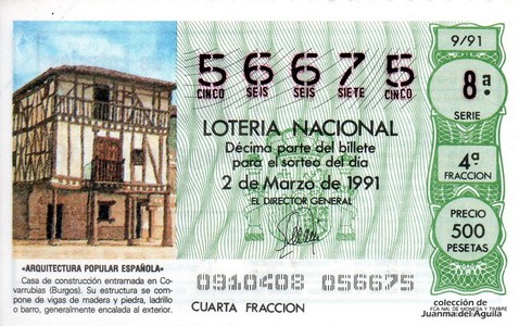 Décimo de Lotería Nacional de 1991 Sorteo 9 - «ARQUITECTURA POPULAR ESPAÑOLA» - CASA DE CONSTRUCCION ENTRAMADA EN COVARRUBIAS (BURGOS)