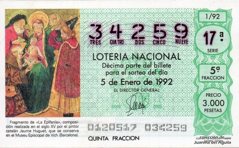 Décimo de Lotería Nacional de 1992 Sorteo 1 - Fragmento de «La Epifanía»