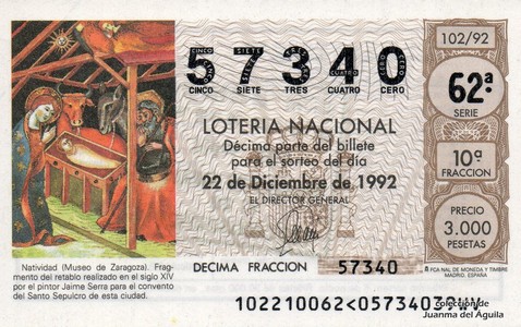 Décimo de Lotería Nacional de 1992 Sorteo 102 - Natividad. (Museo de Zaragoza)
